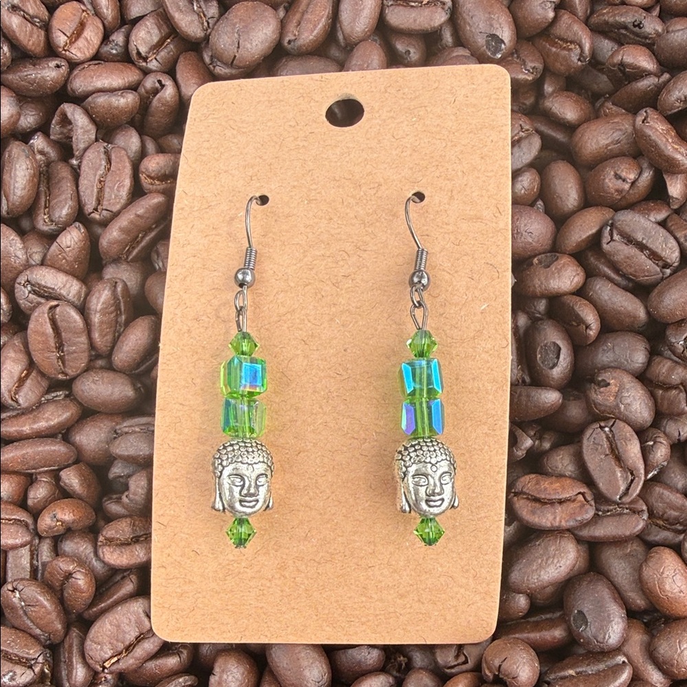 Silver Buddha Green Bead Dangle Earrings